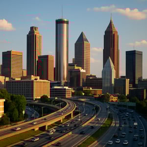 A Photographic city view of Atlanta, with a large highway leading to a cluster of buildings